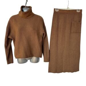 ChouYatou Sweater Skirt Set Brown Ribbed Cropped Pullover Women's Size Medium